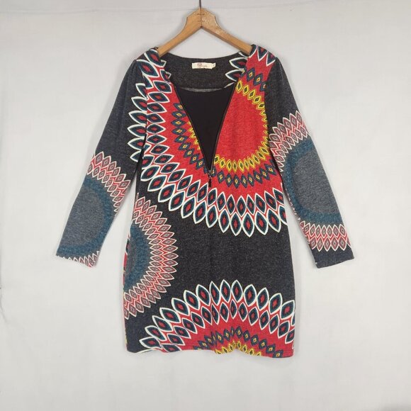 Aryeh Sweater Dress Women's L Boho Geometric Mini Zip Front Long Sleeve Read - Picture 3 of 9
